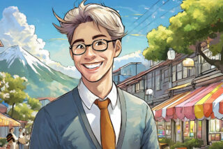 A happy man stands outside some franchised restaurants.