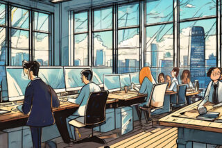 A bustling office with a city view.