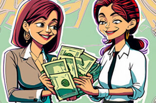 A manager handing over a stack of cash to an employee.