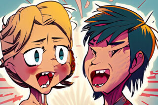 Two manga style characters argue. Probably over a verbal contract.