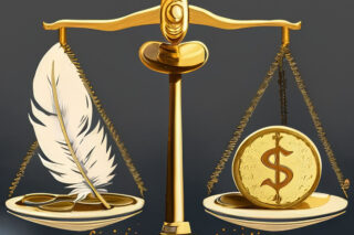 A scale with a coin on one side and a feather on the other.