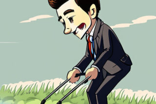 A business man in a suit mows his garden.