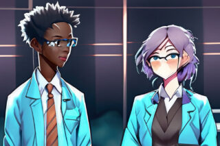Two scientists stand side-by-side. One has no mouth, to represent an NDA.