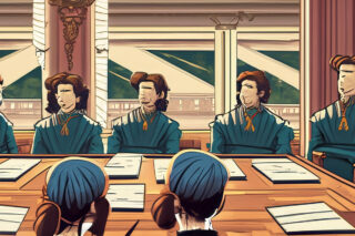 A UK courtroom with faceless barristers and solicitors in seat.