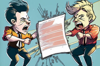 Two men fighting over a document. Manga style.