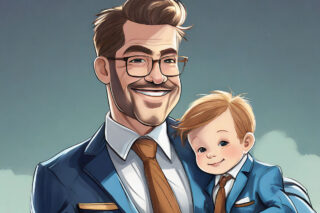 A big strong lawyer holds and protects a baby in a suit.