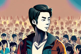 One man stands ahead of a crowd. Manga style.