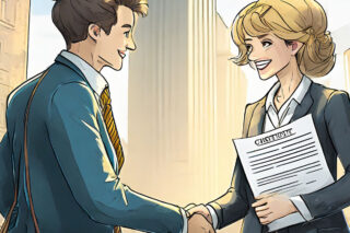 Two people happily shake hands after reaching a deed of settlement.