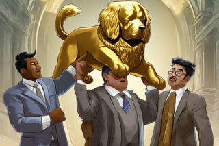 3 lawyers sweat and strain to lift a solid golden dog statue above their heads.