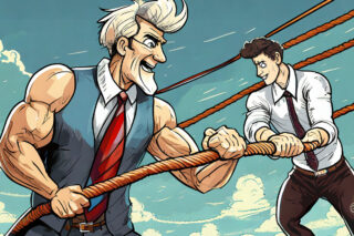 One man tries to pull another with a rope. He's failing.