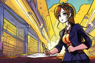 A manga lawyer looks over an affidavit.