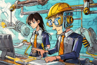 A man at a desk surrounded by robotic equipment, simulating automation.