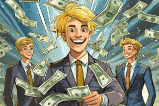 A business man, probably from a startup, is showered with money.