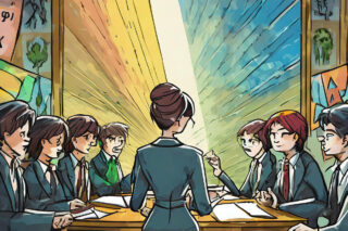 A manga style board meeting. Lots of people gather around a table.