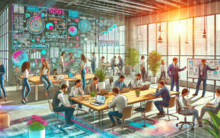 An illustration of a bustling startup office.