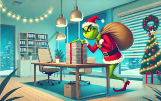 The grinch messing with a pile of manual written contracts.